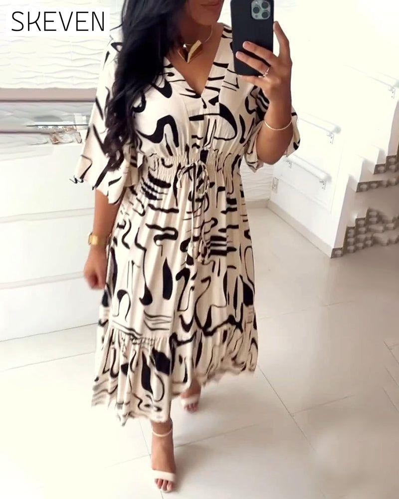 V-neck waist ink print dress