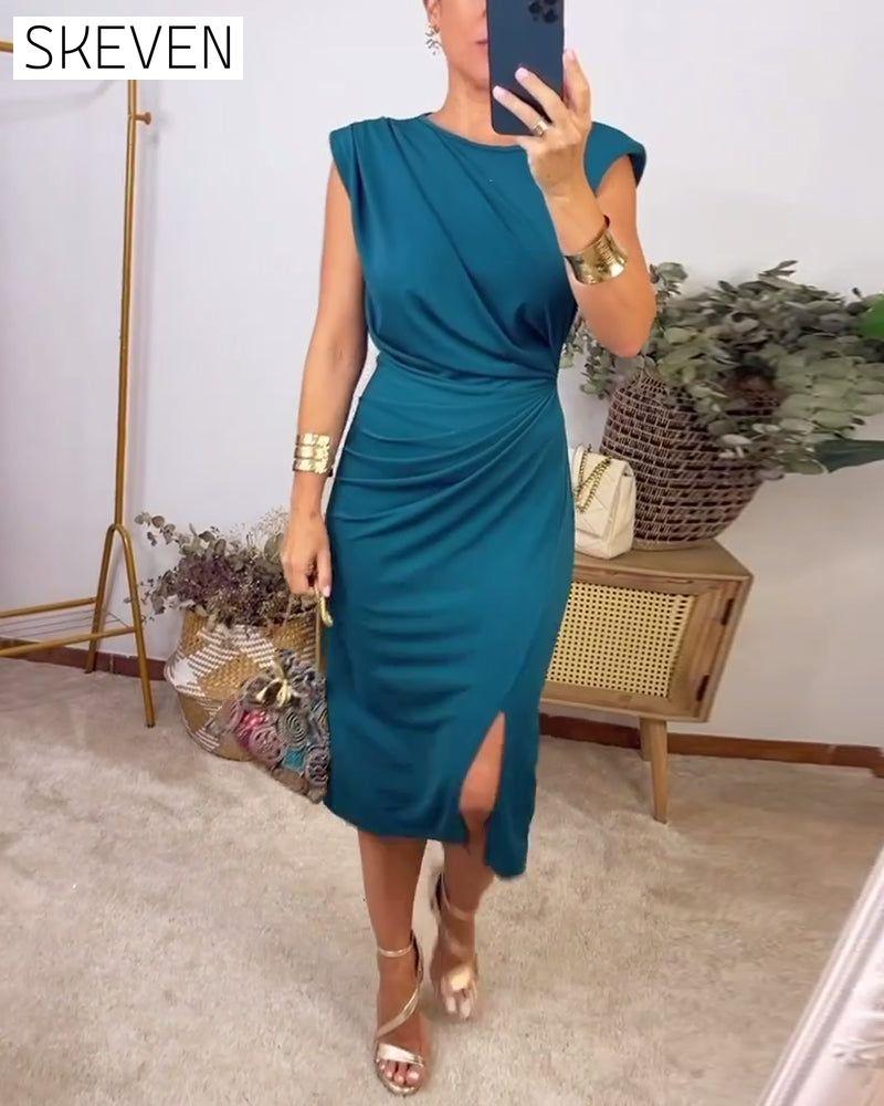 Robe plissée sans manches à fente, couleur unie