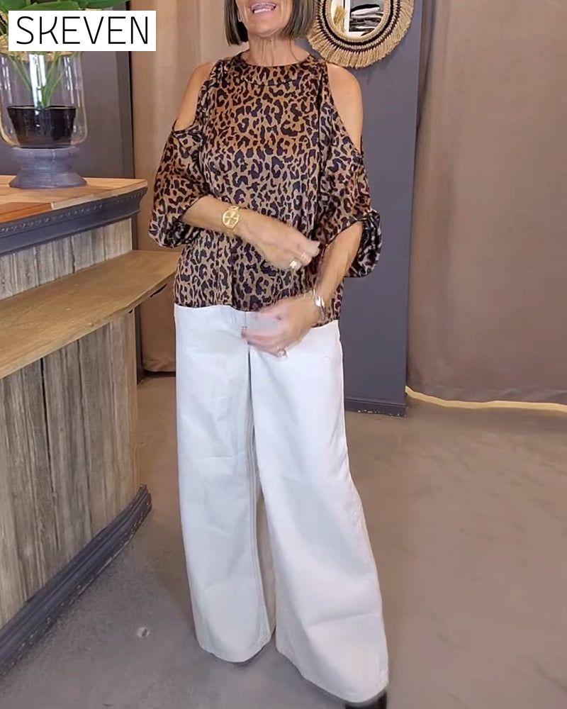 Bluse mit Leopardenmuster und Bindebändern, schulterfrei