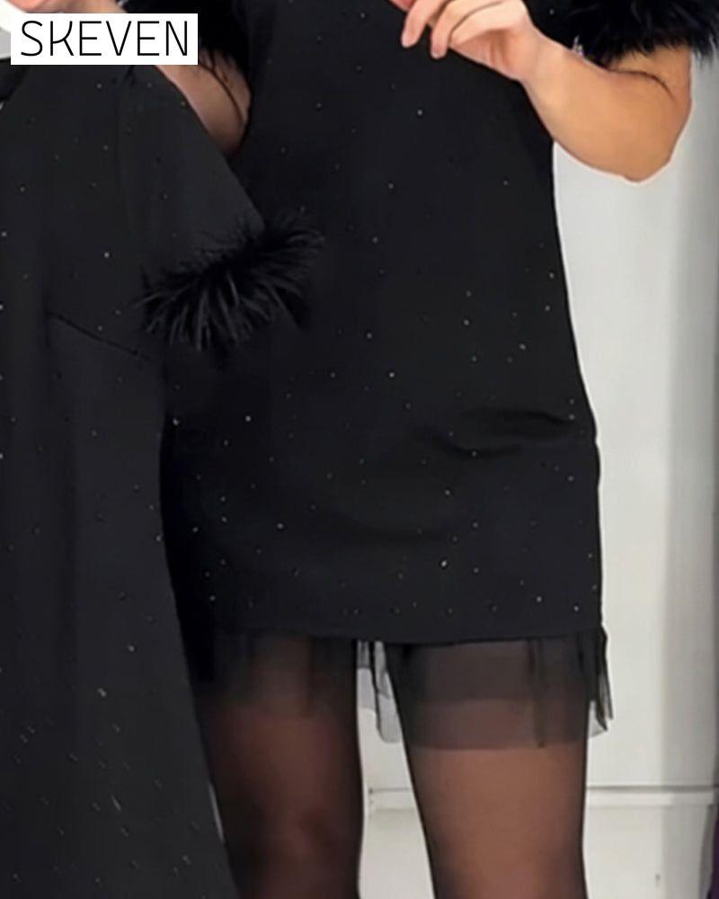 Straußenfeder-Netzkleid mit Strasssteinen