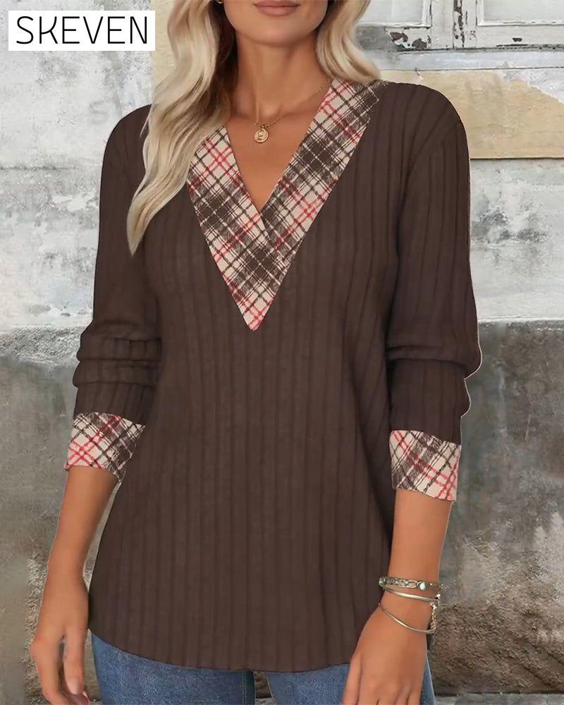 V-Neck Paneled Plaid Knitted Sweater