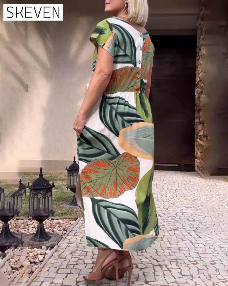 Leaf print short sleeve slit dress