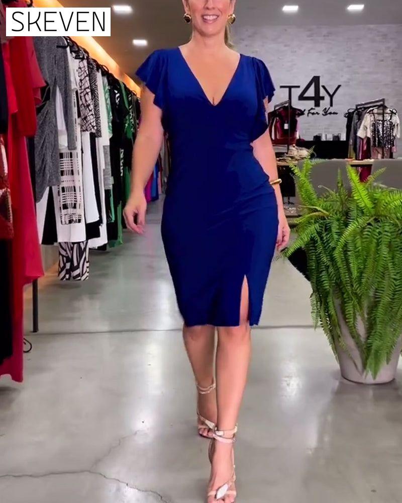 Robe sexy à col en V et manches à volants