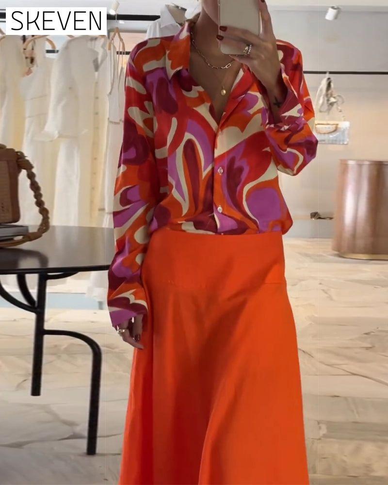 Lapel Colorful Printed Blouse with Buttons