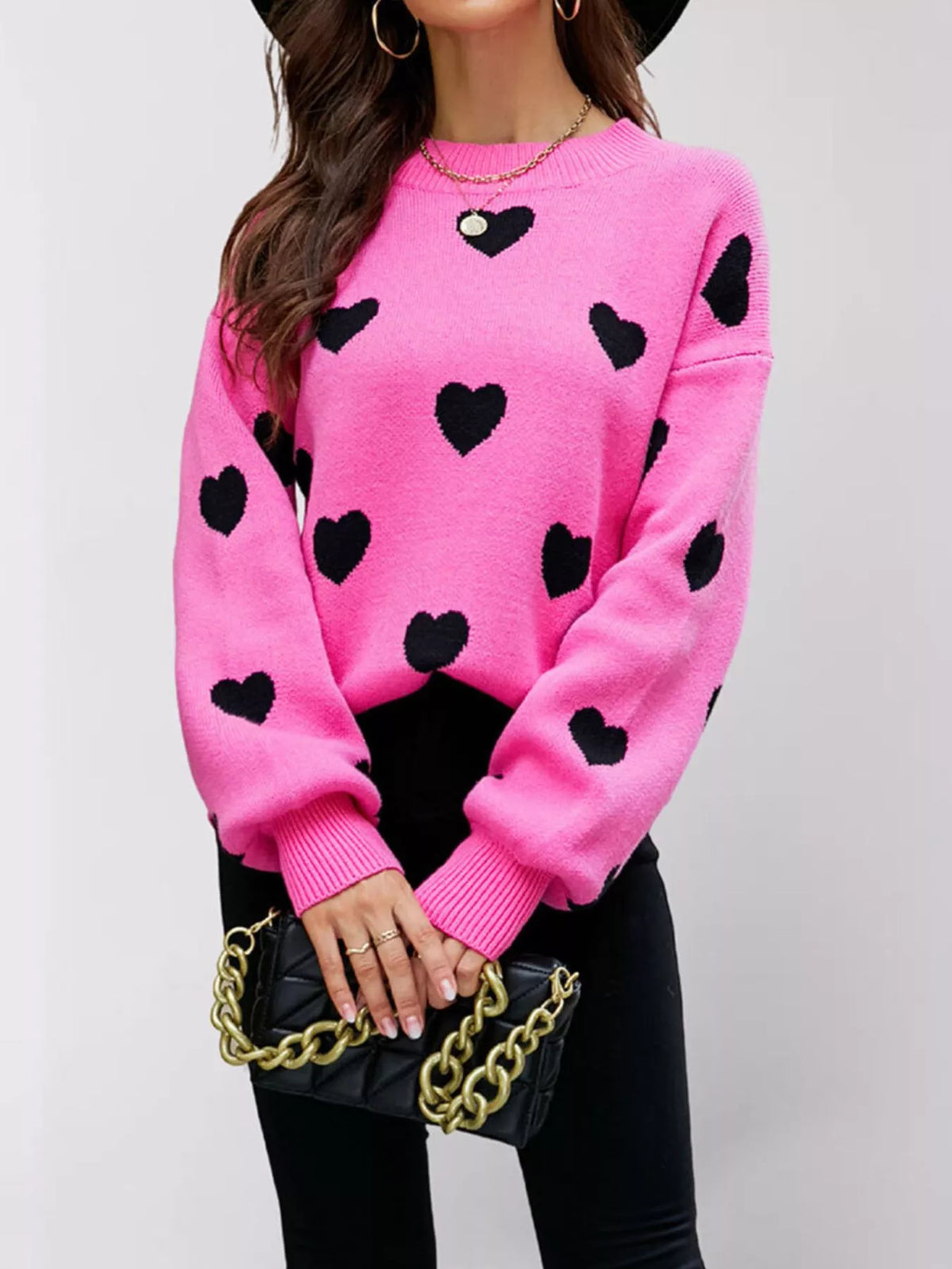 Heart-Patterned Dropped Shoulder Sweater