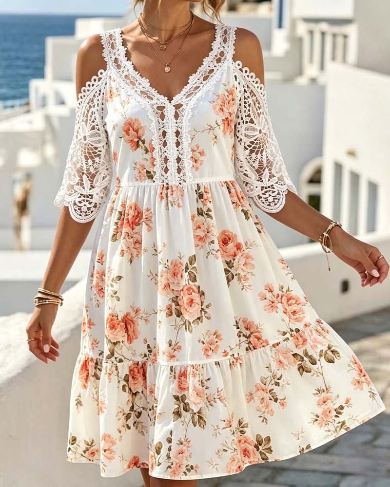 V-Neck Lace Patchwork Floral Cold Shoulder Dress