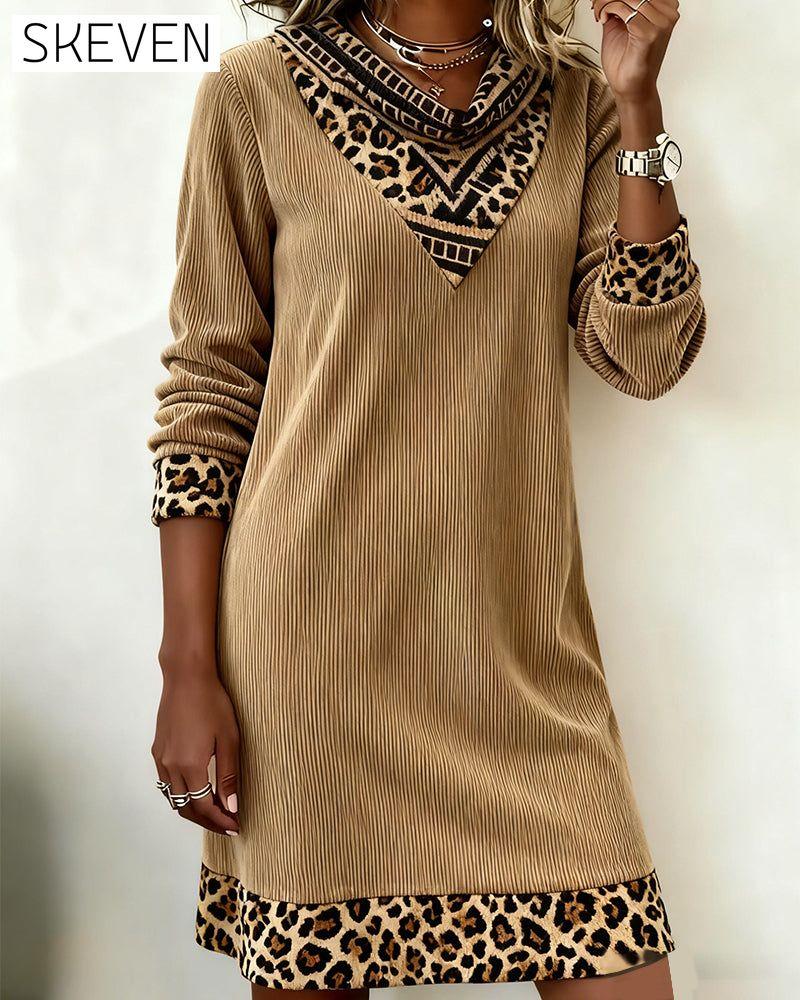 Swing Collar Leopard Print Corduroy Dress