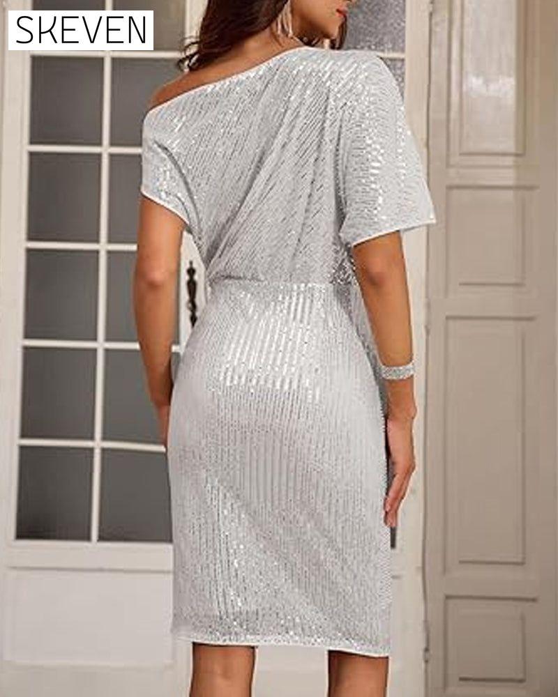 Robe élégante à sequins, décolleté en V et épaules dénudées