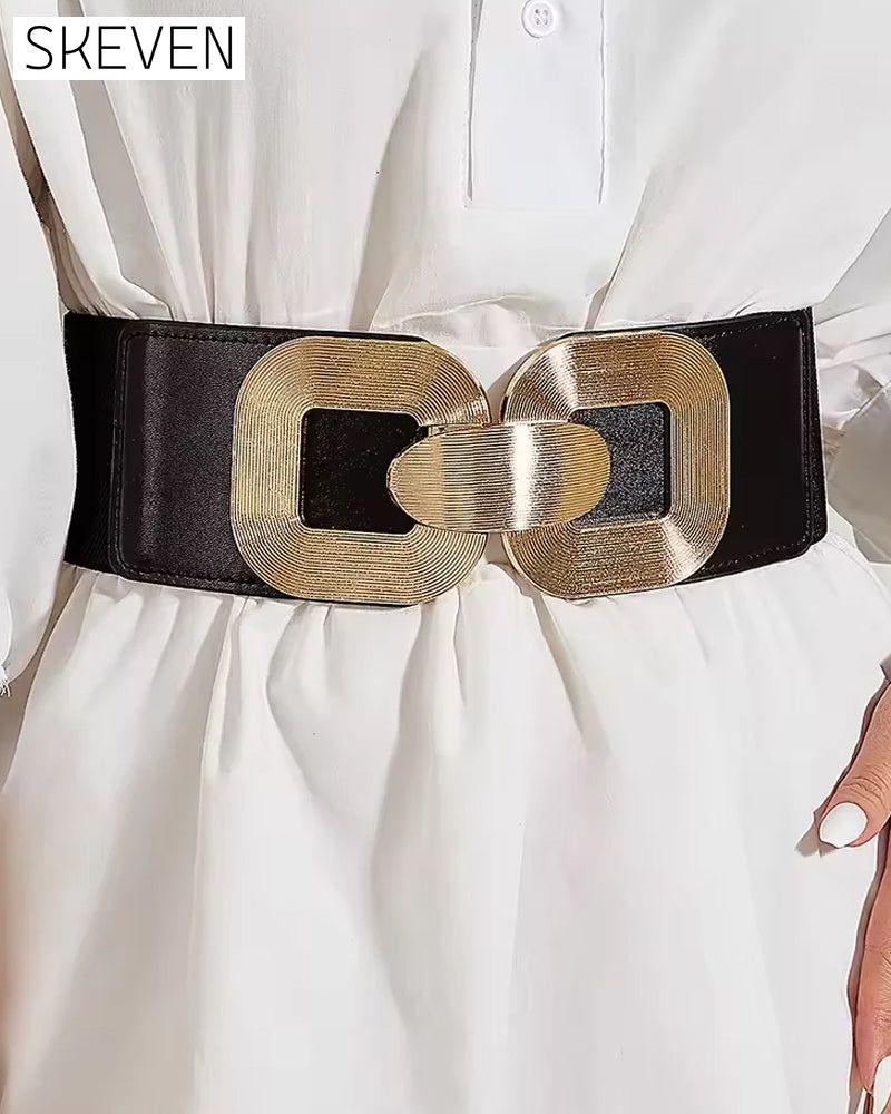Ceinture vintage en cuir élastique avec boucle dorée pour femme
