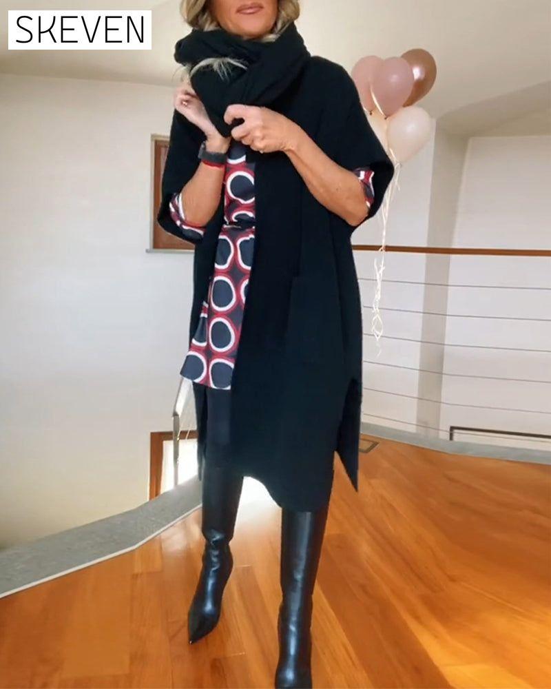 Lässige, einfarbige Strickjacke mit halben Ärmeln und Tasche