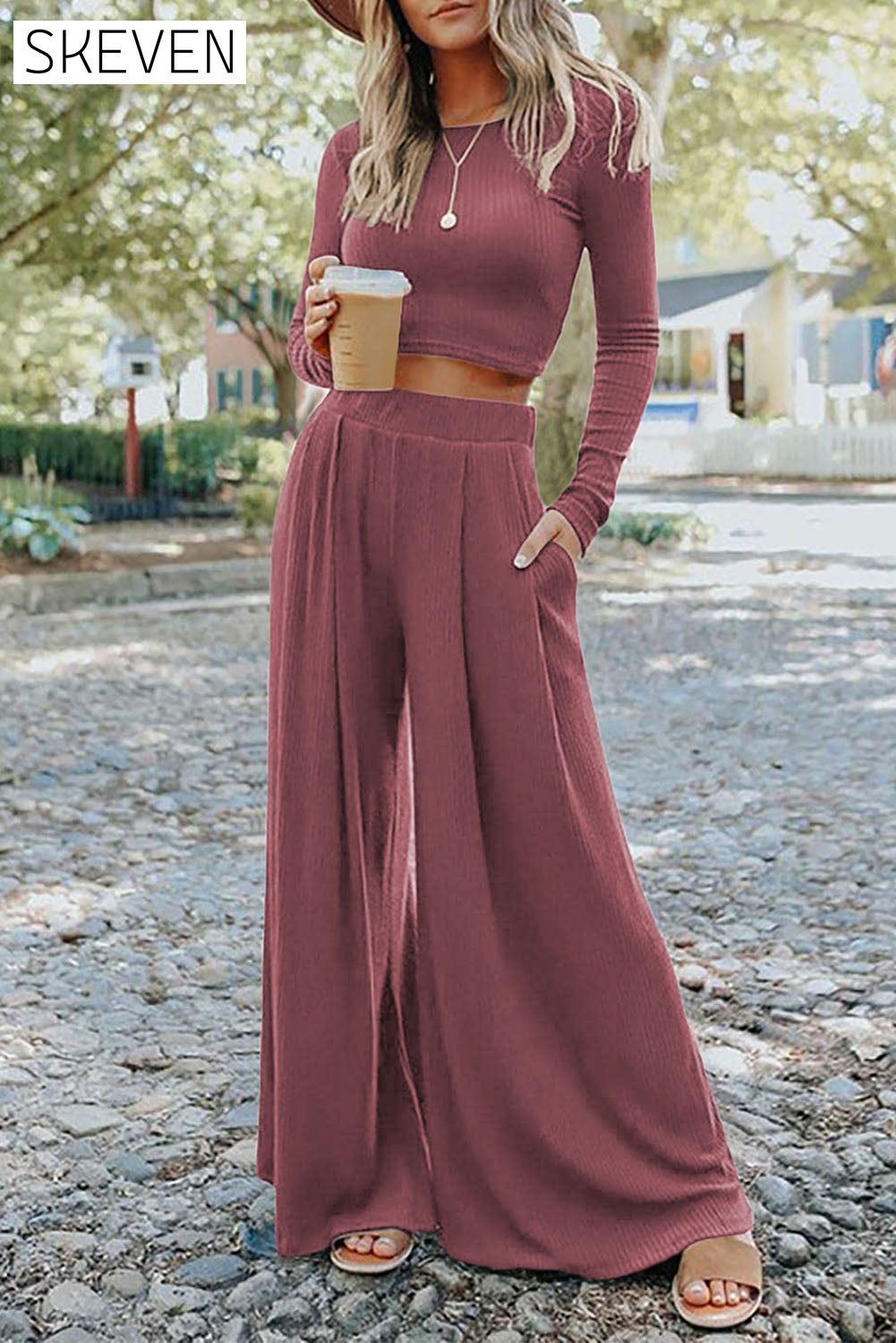 Solid Color Ribbed Crop Top Long Pants Set Pink 65%Polyester+25%Viscose+10%Elastane 2 piece Best Sellers bottoms clothes crop top EDM Monthly Recomend Fabric Ribbed long pants set Occasion Daily Print Solid Color Season Winter set sets shirts Silhouette Wide Leg Style Casual