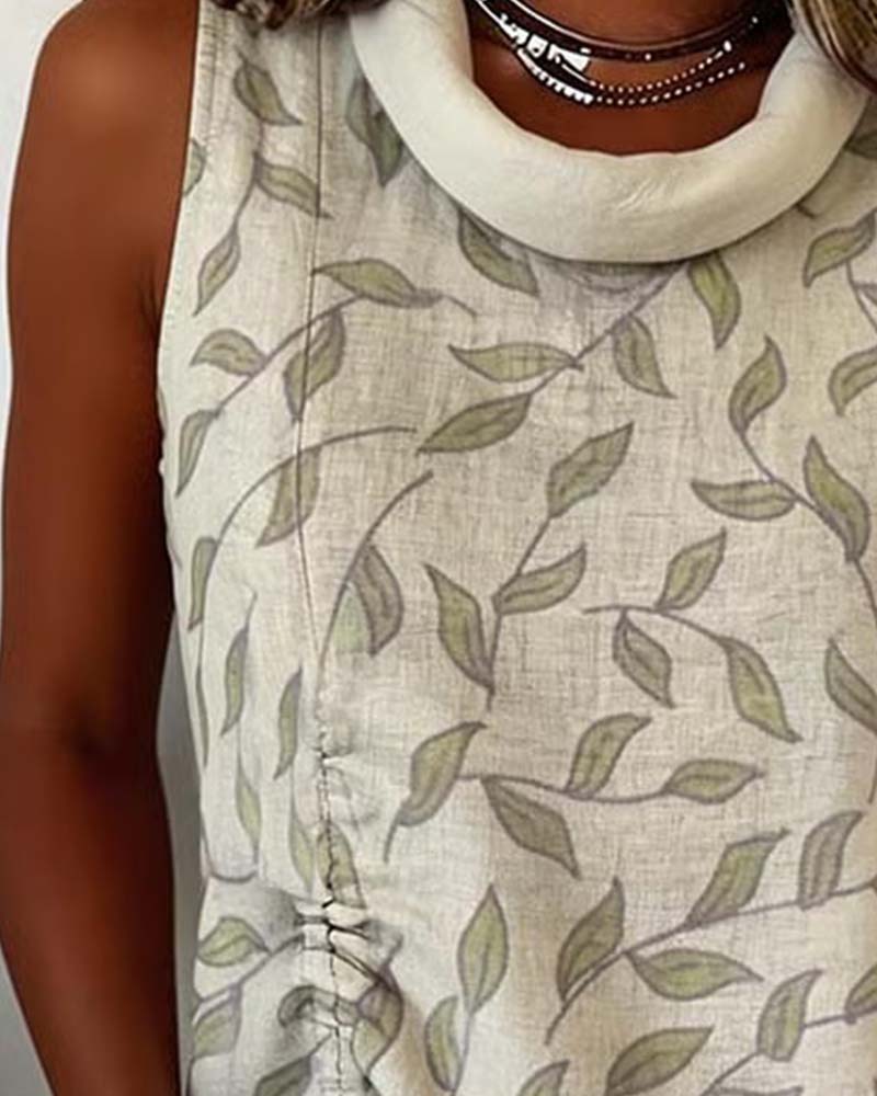 Green Leaf Print Drawstring Tank Top