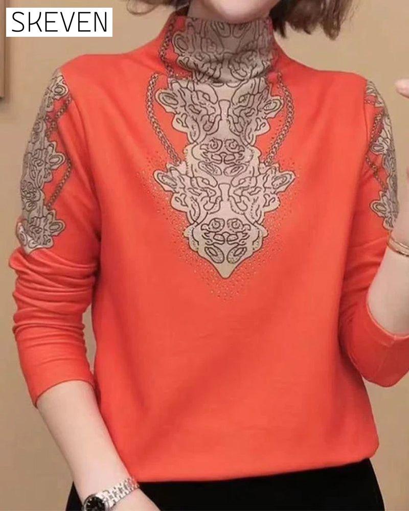 Elegant Printed Fitted Women's Stand Collar Top