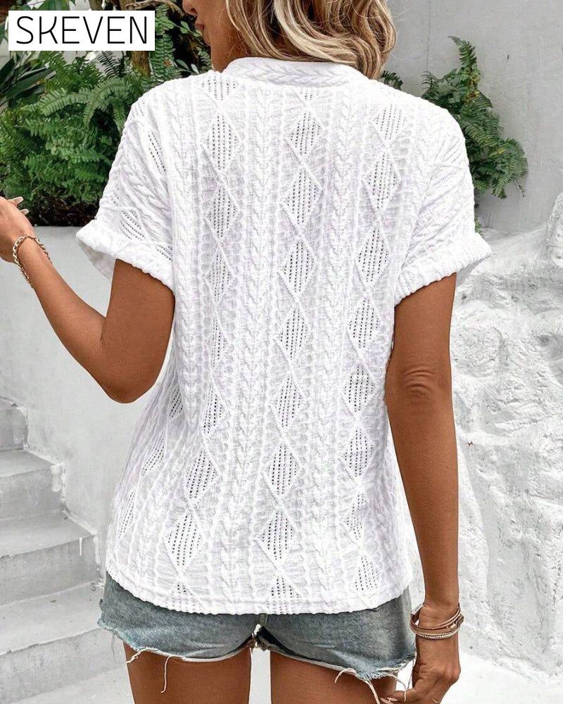 V-Neck Solid Color Hollow Breathable Blouse