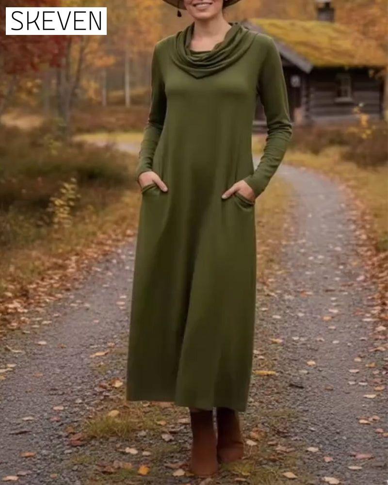 Lässiges, schlichtes, einfarbiges Kleid mit Tasche
