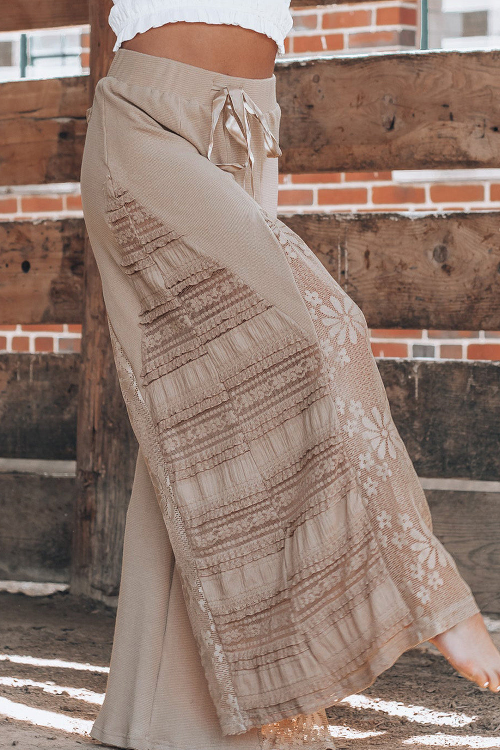 Blue Zone Planet |  Smoke Gray Boho Lace Patchwork Wide Leg High Waist Pants