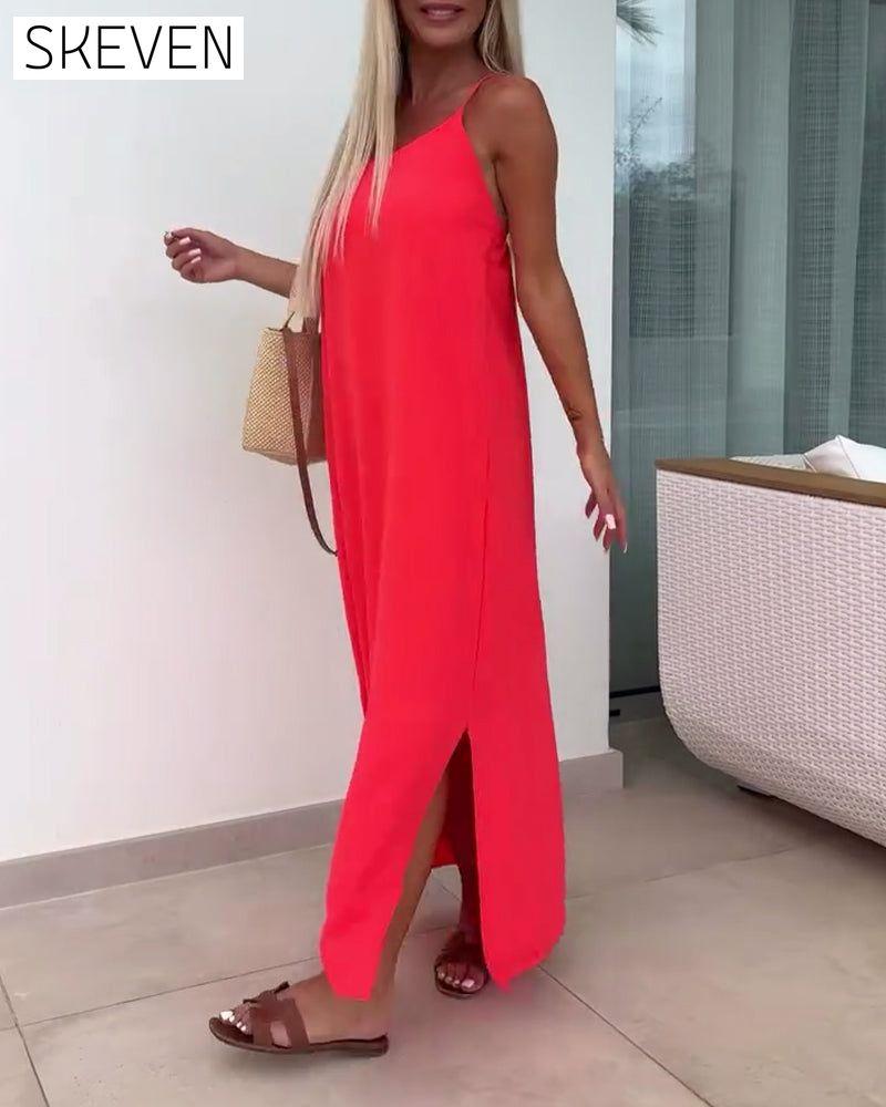 Ärmelloses, trägerloses, einfarbiges Kleid mit Schlitz