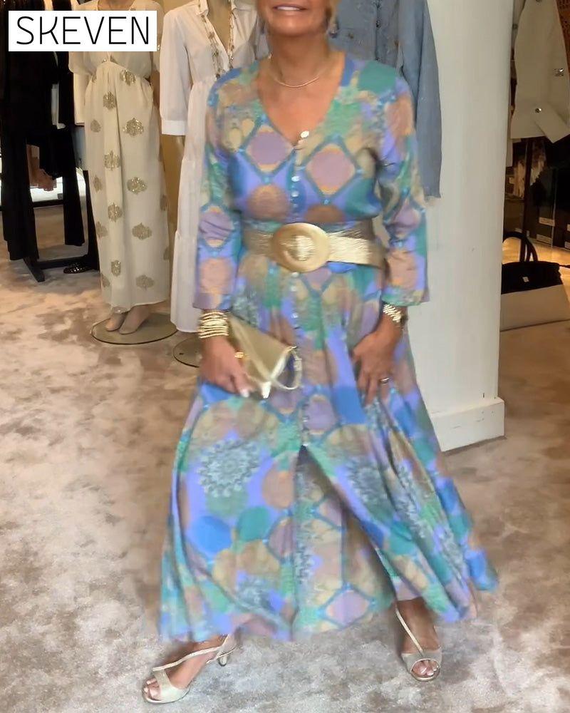 Vintage printed button slit long sleeve dress