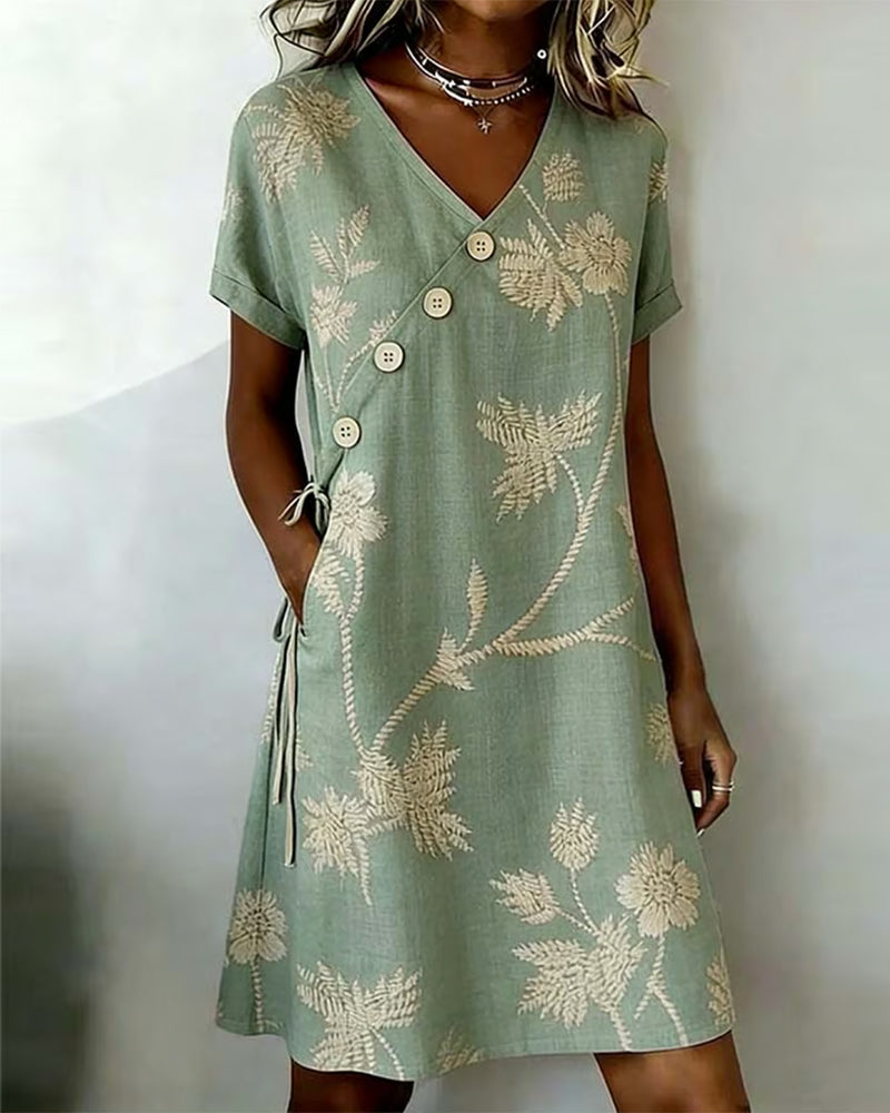 Diagonal Button Print V-Neck Midi Dress