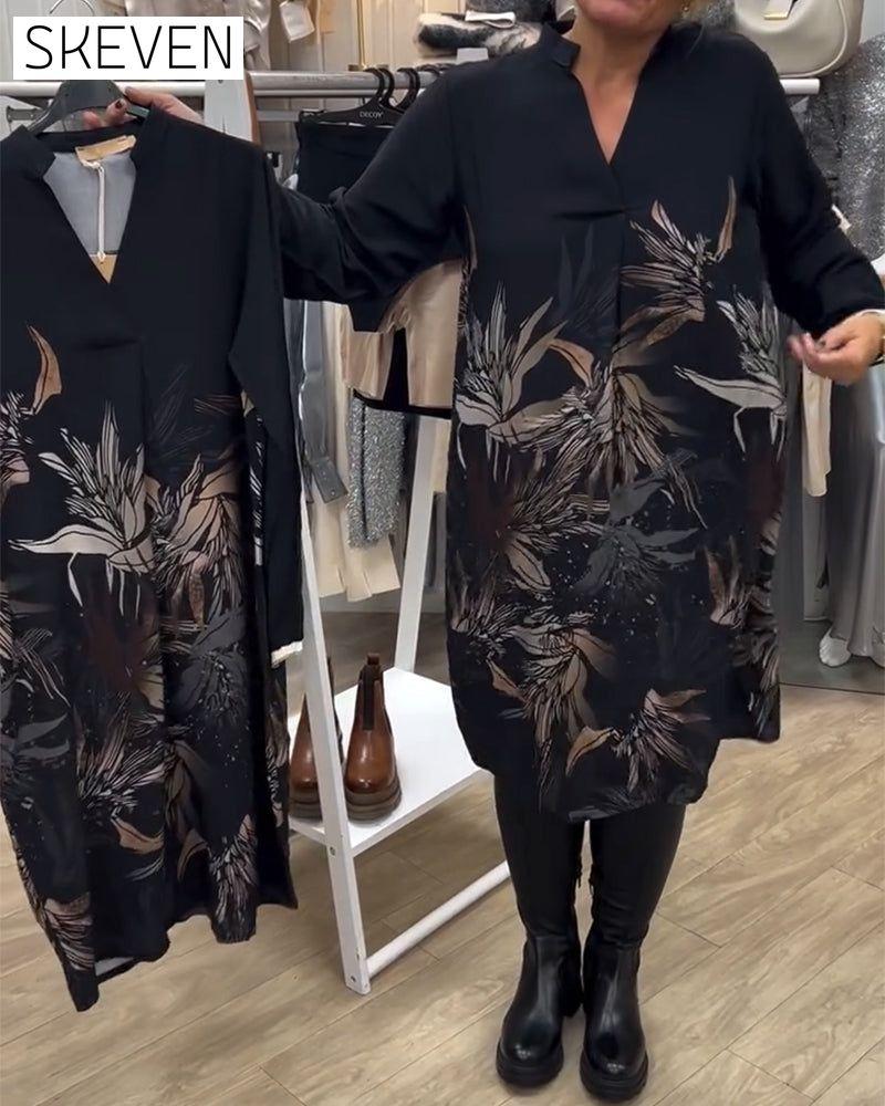 V-Neck Leaf Print Long-Sleeved Dress