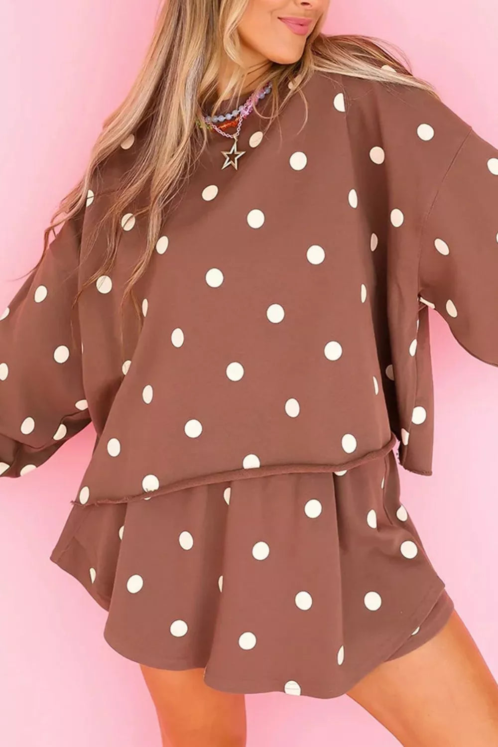 Polka Dot Raw Hem Relaxed Pullover Loose Skort Two Piece Set