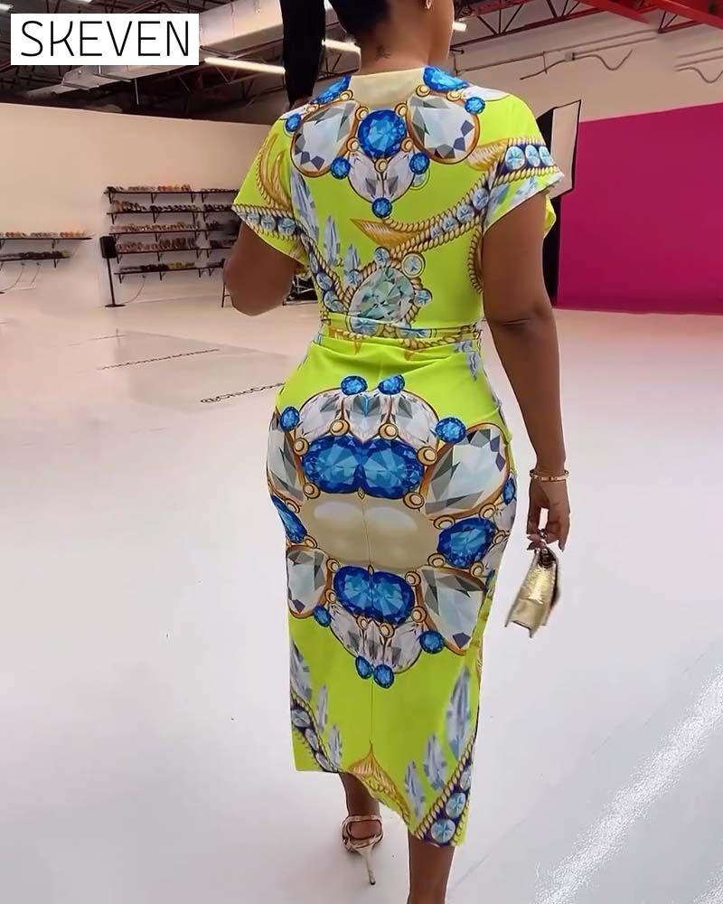 robe imprimée à fente en V profond