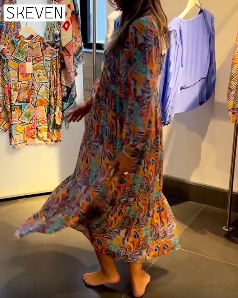 Maxikleid mit Print, V-Ausschnitt und A-Linien-Form
