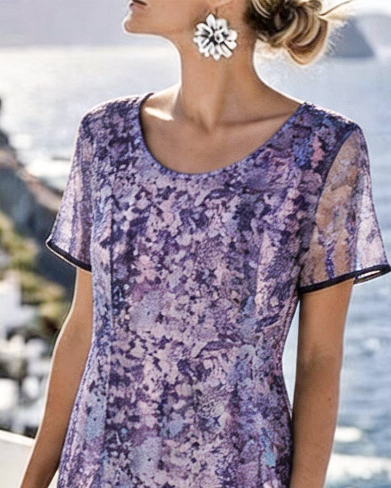 Floral Print Round-Neck Short-Sleeve Dress