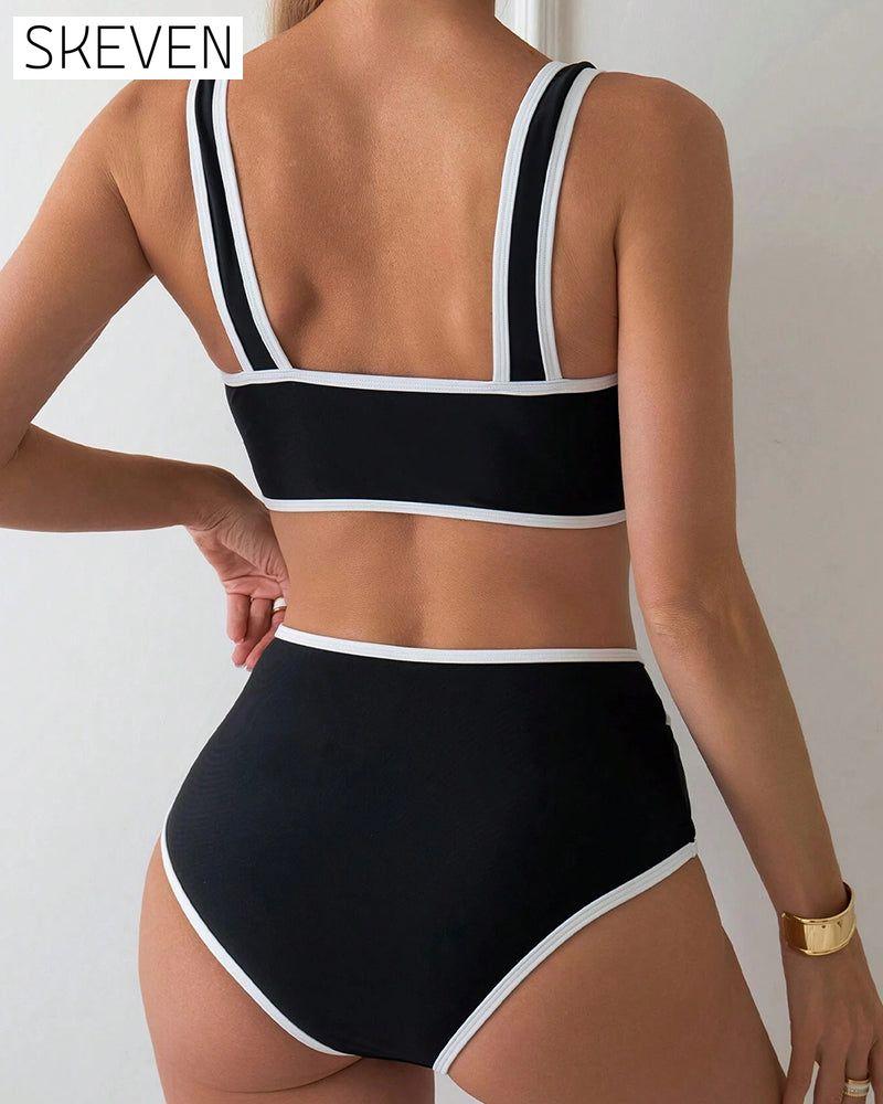 Two-Piece Striped Color-Block Bikini Swimsuit
