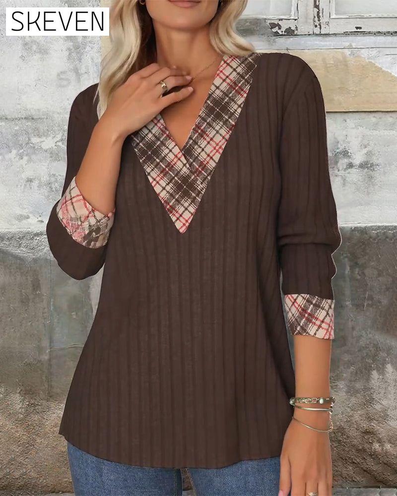 V-Neck Paneled Plaid Knitted Sweater