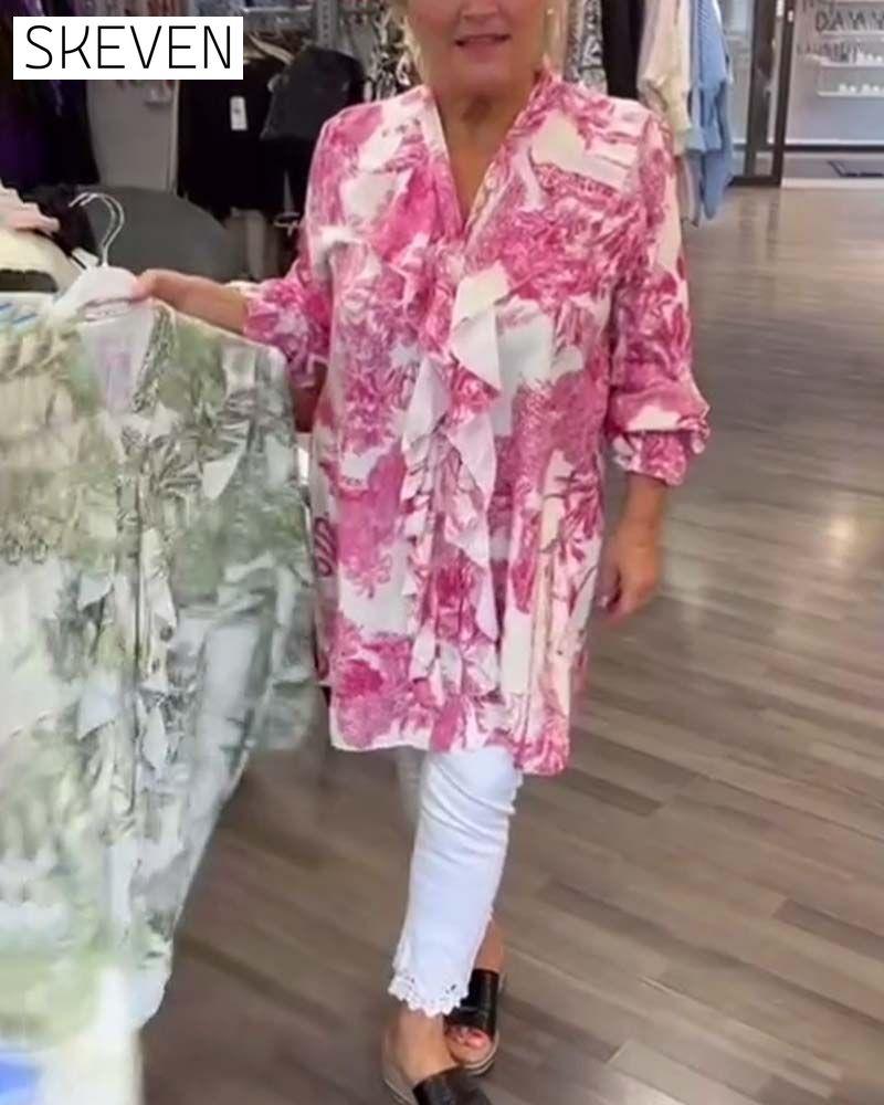 Gentle printed ruffle casual blouse