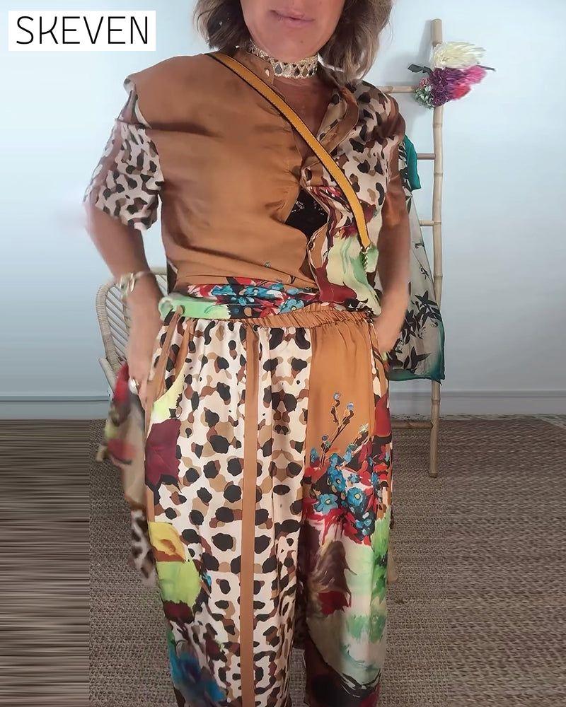 Retro fashion contrasting print two-piece set