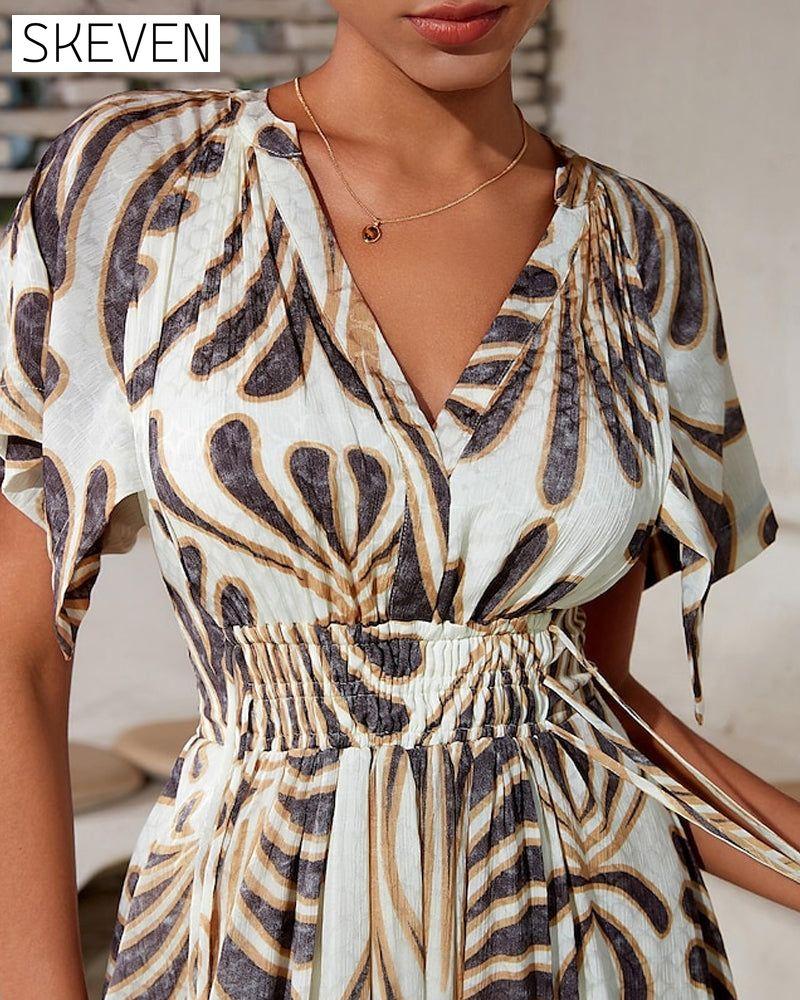 Printed V-neck irregular elegant dress