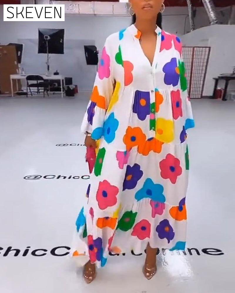 robe décontractée à manches cloche imprimée de fleurs colorées