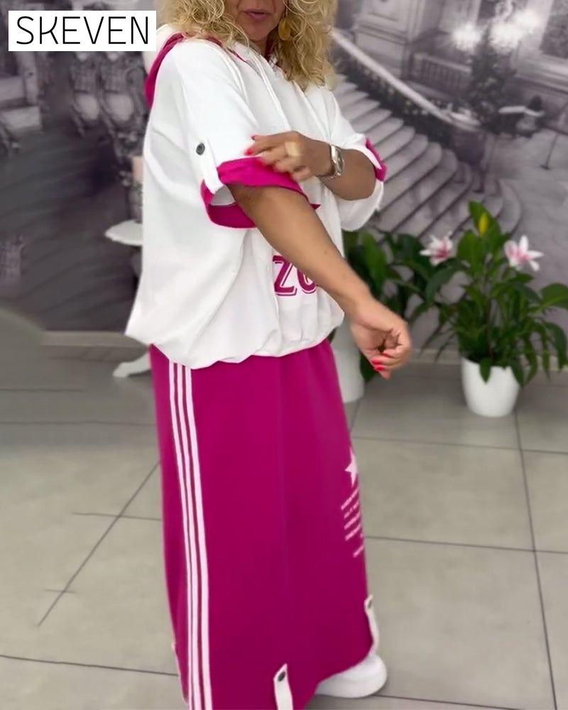 Hooded Drawstring Printed Skirt Set