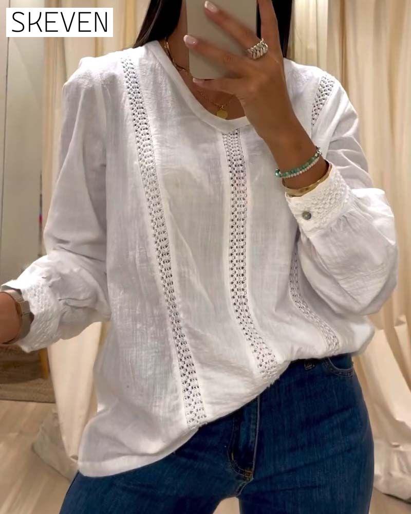 Modisches Langarm-Top mit Rundhalsausschnitt aus Spitze