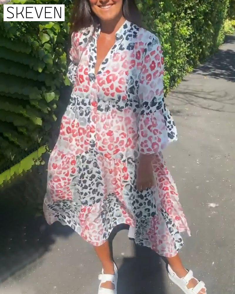 V-neck printed ruffle casual dress