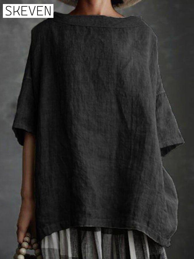 Ladies Cotton Linen Round Collar Loose Casual Shirt cotton linens