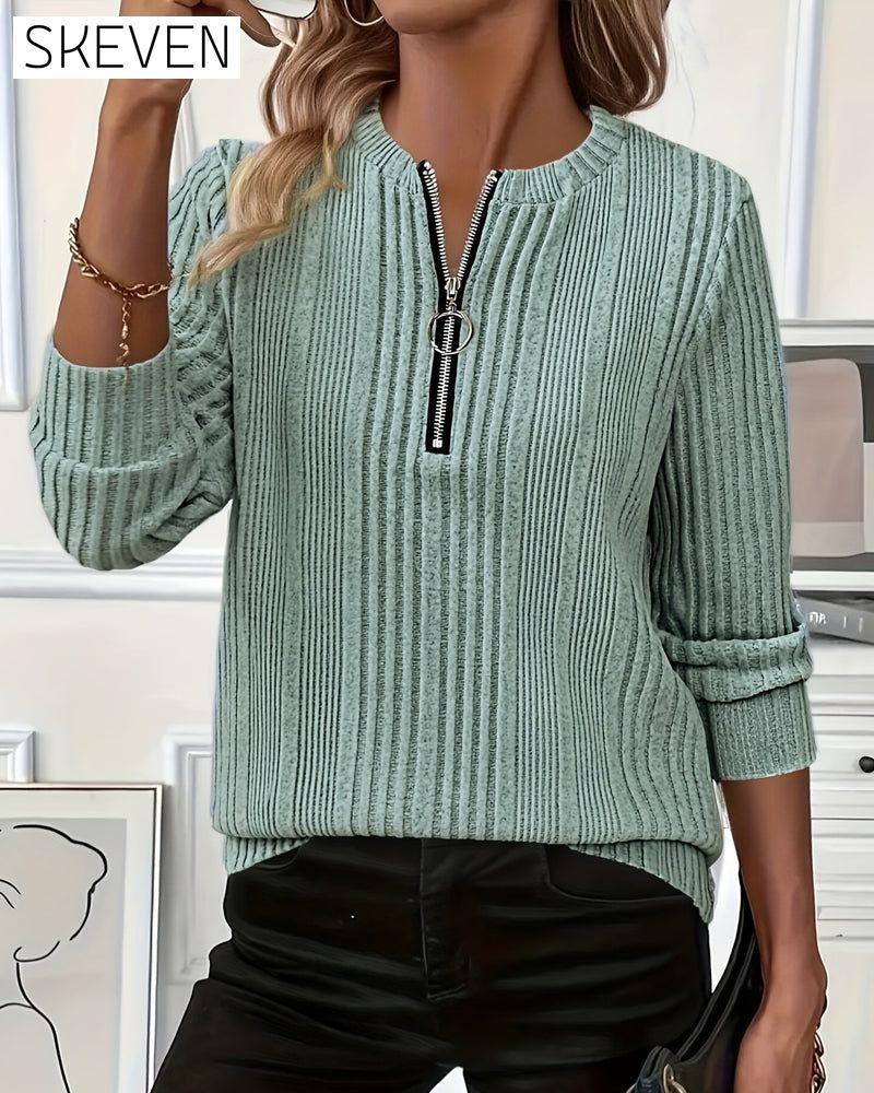 Vertical Ribbed Half-Zip Top