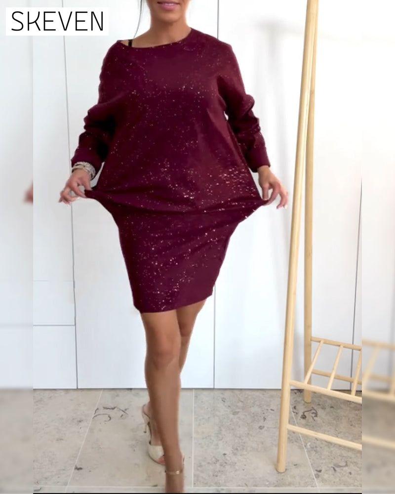 Robe de mode à col rond et fines paillettes