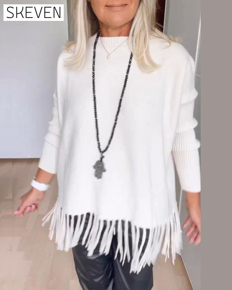 Einfarbiger, lässiger Pullover mit Fransen