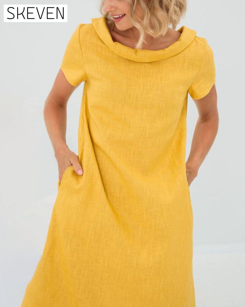 Kleid aus Baumwolle und Leinen mit doppeltem Kragen und Schleife