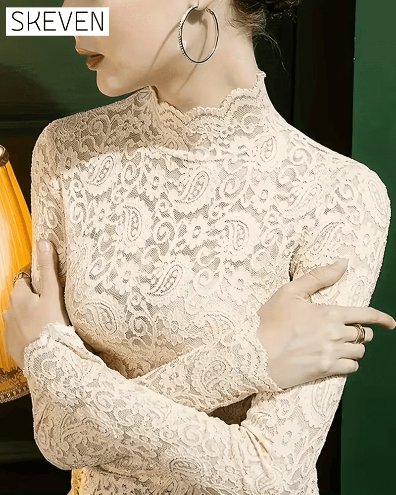 Elegant Solid Half Neckline Long Sleeve Lace Top