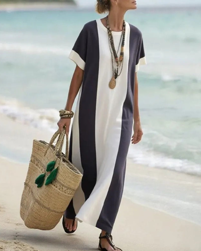 Contrast Color Short Sleeve Long Dress