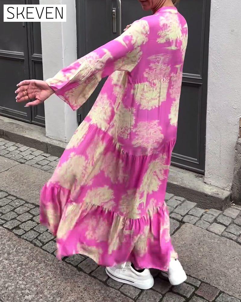 Loose printed V-neck bell sleeve patchwork dress