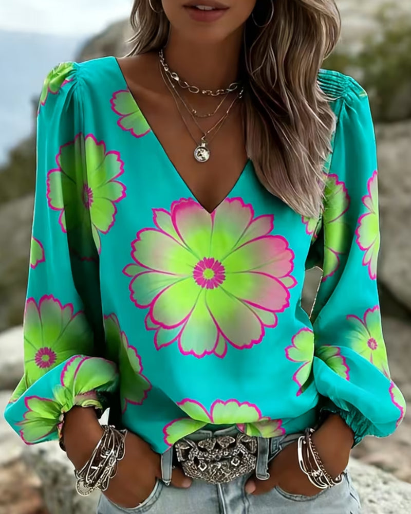 Color Block Large Floral Print Lantern Sleeve Blouse