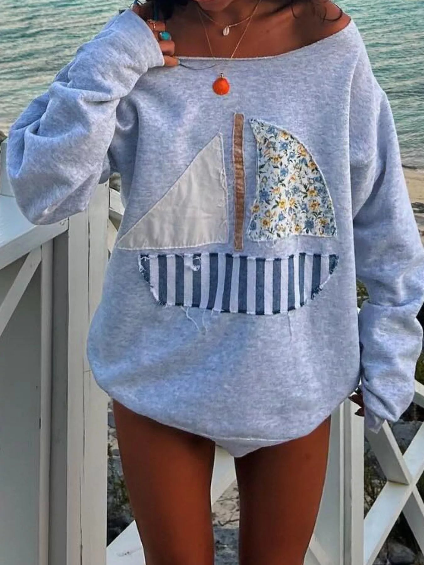 Boat Neck Long Sleeve Patchwork Sweatshirt