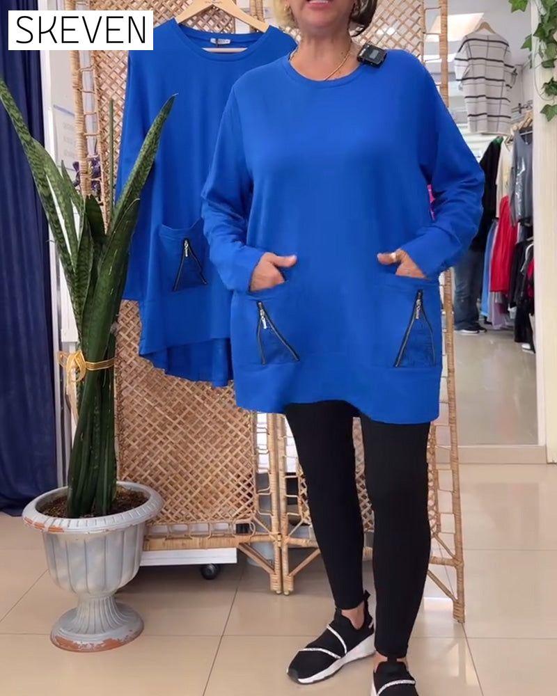 Round Neck Solid Color Zipper Pocket Sweatshirt