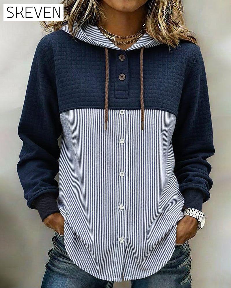 Buttoned Hooded Vertical Stripe Patchwork Shirt