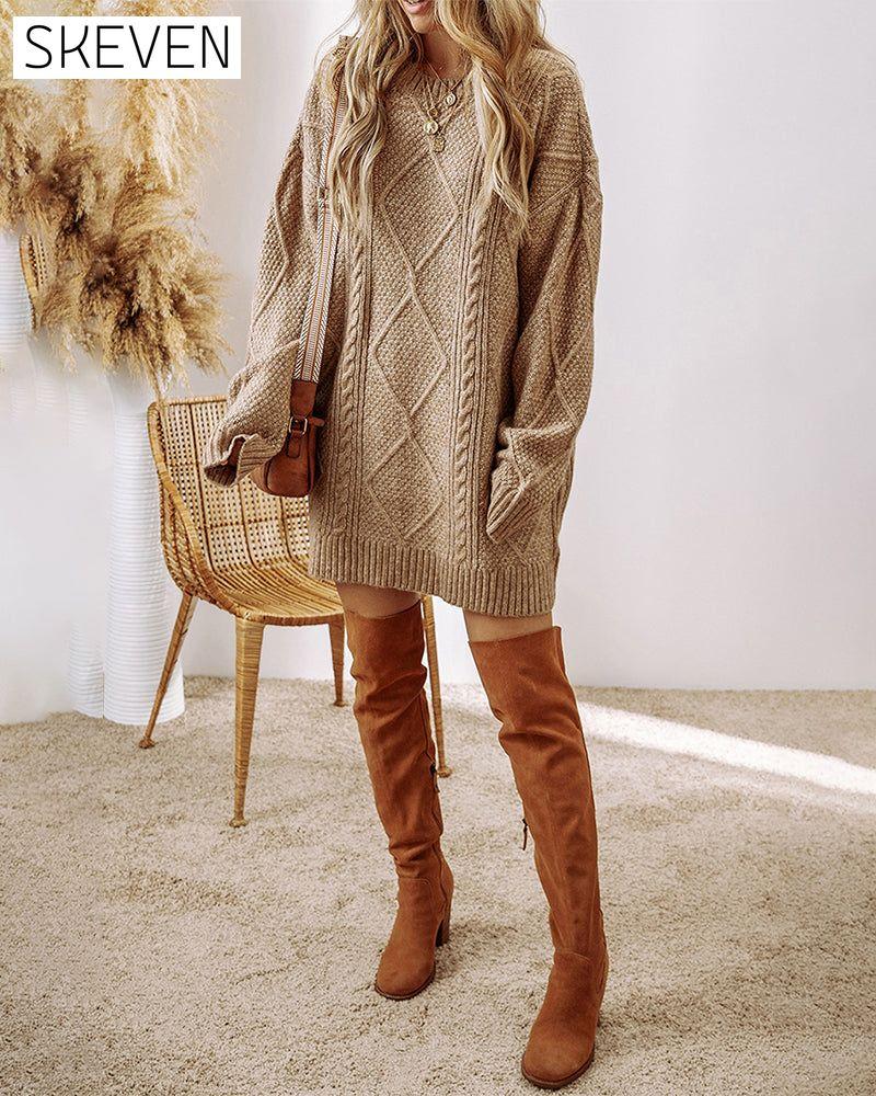 Casual Round Neck Solid Color Sweater Dress